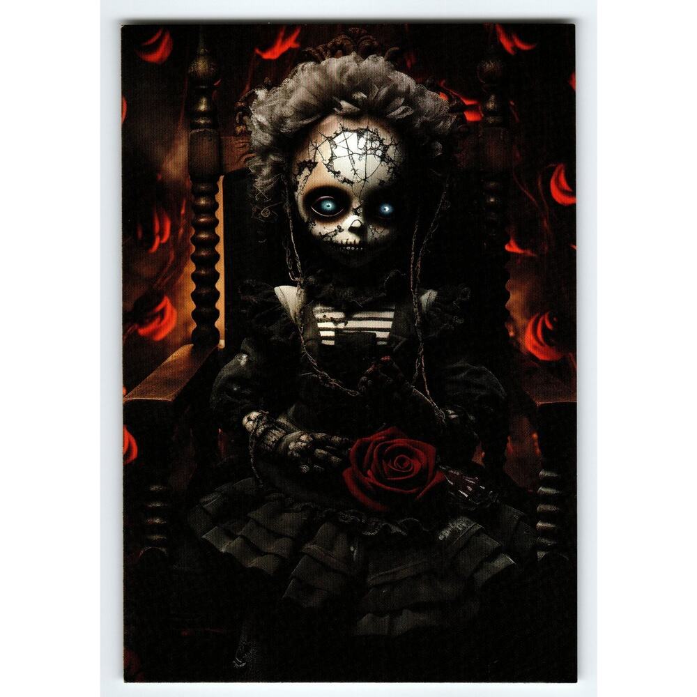 Creepy Gothic Doll Halloween Postcard with Red Rose & Blue Eyes